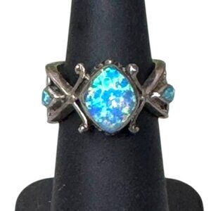 Vintage OTT Artisan Sterling Silver Opal Statement Ring Unique Scrollwork Sz 5.5